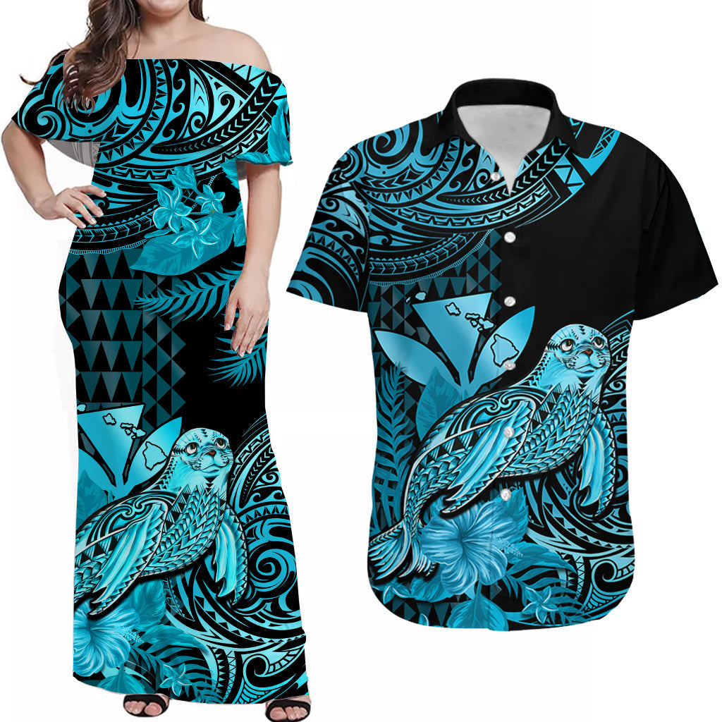 (Custom Personalised) Hawaii Couple Outfits Hawaii Monk Seal Combo Dress And Hawaiian Shirt Kakau With Kanaka Turquoise