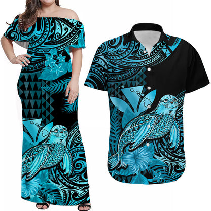 (Custom Personalised) Hawaii Couple Outfits Hawaii Monk Seal Combo Dress And Hawaiian Shirt Kakau With Kanaka Turquoise