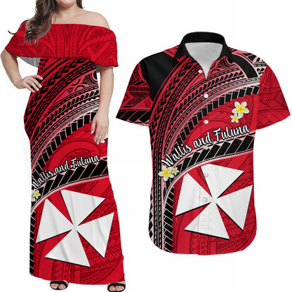 (Custom Personalised) Matching Clothes For Couples Wallis And Futuna Combo Dress And Hawaiian Shirt Plumeria Flowers With Red Polynesian Pattern