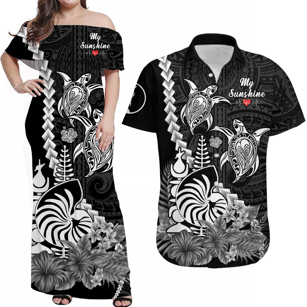 (Custom Personalised) Matching Outfits For Couples New Caledonia Valentine Couple Dress And Hawaiian Shirt My Sunshine Polynesia Turtle Black
