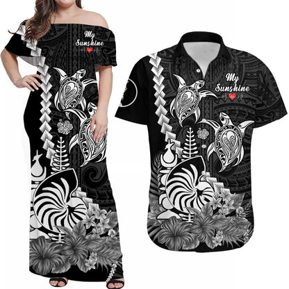 (Custom Personalised) Matching Outfits For Couples New Caledonia Valentine Couple Dress And Hawaiian Shirt My Sunshine Polynesia Turtle Black