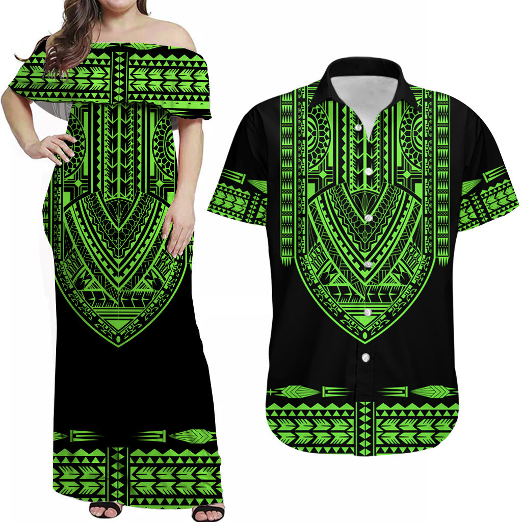 (Custom Personalised) Polynesian Tribal Combo Dress And Hawaiian Shirt Dashiki With Polynesian Tattoo Royal Green Version