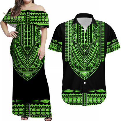 (Custom Personalised) Polynesian Tribal Combo Dress And Hawaiian Shirt Dashiki With Polynesian Tattoo Royal Green Version