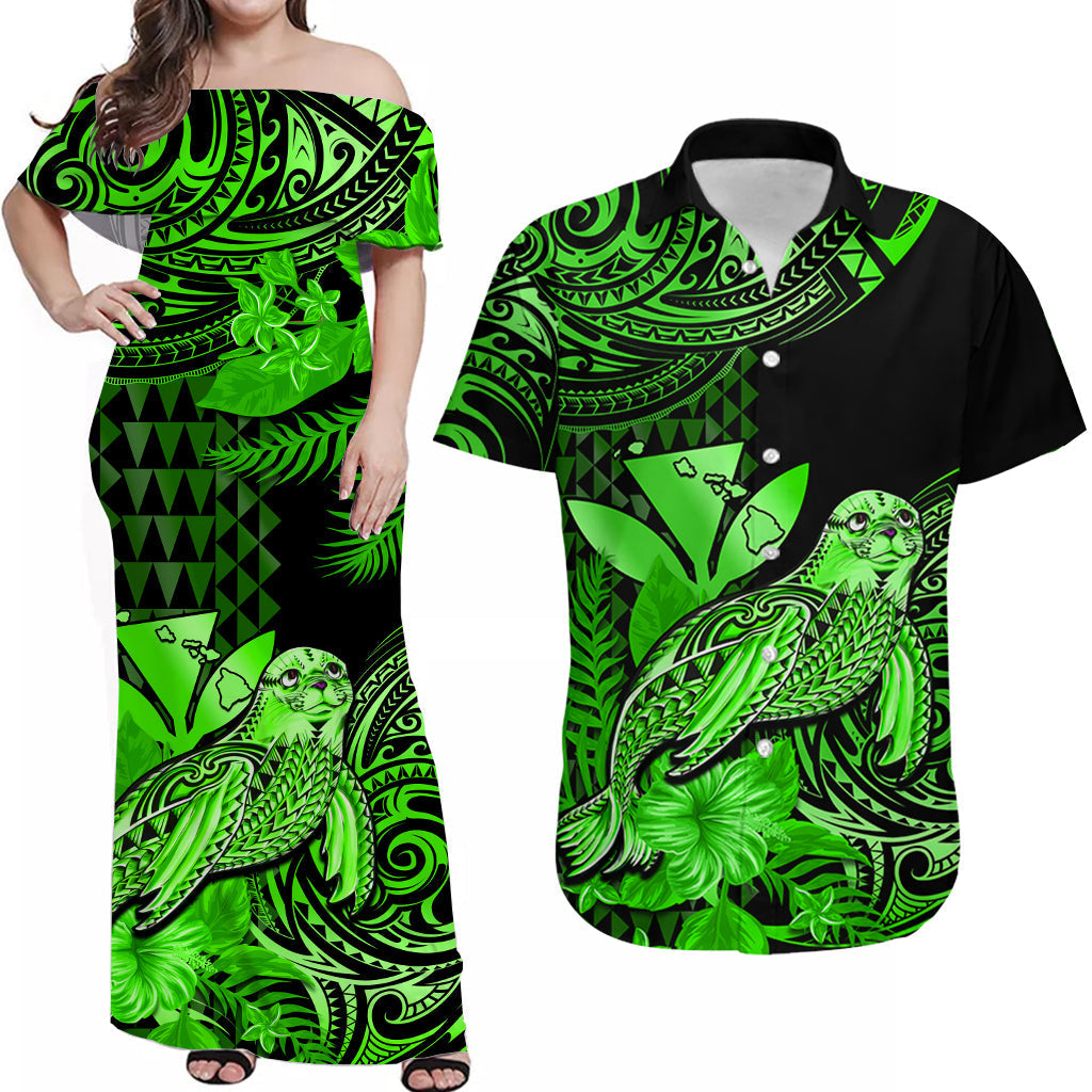 (Custom Personalised) Matching Clothes For Couples Hawaii Monk Seal Combo Dress And Hawaiian Shirt Kakau With Kanaka Green