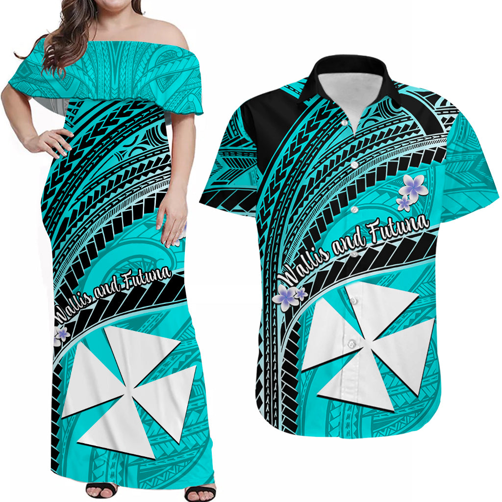 (Custom Personalised) Matching Outfits For Couples Wallis And Futuna Dress And Hawaiian Shirt Plumeria Flowers With Turquoise Polynesian Pattern