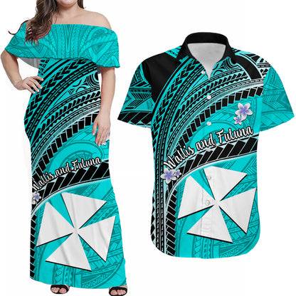 (Custom Personalised) Matching Outfits For Couples Wallis And Futuna Dress And Hawaiian Shirt Plumeria Flowers With Turquoise Polynesian Pattern