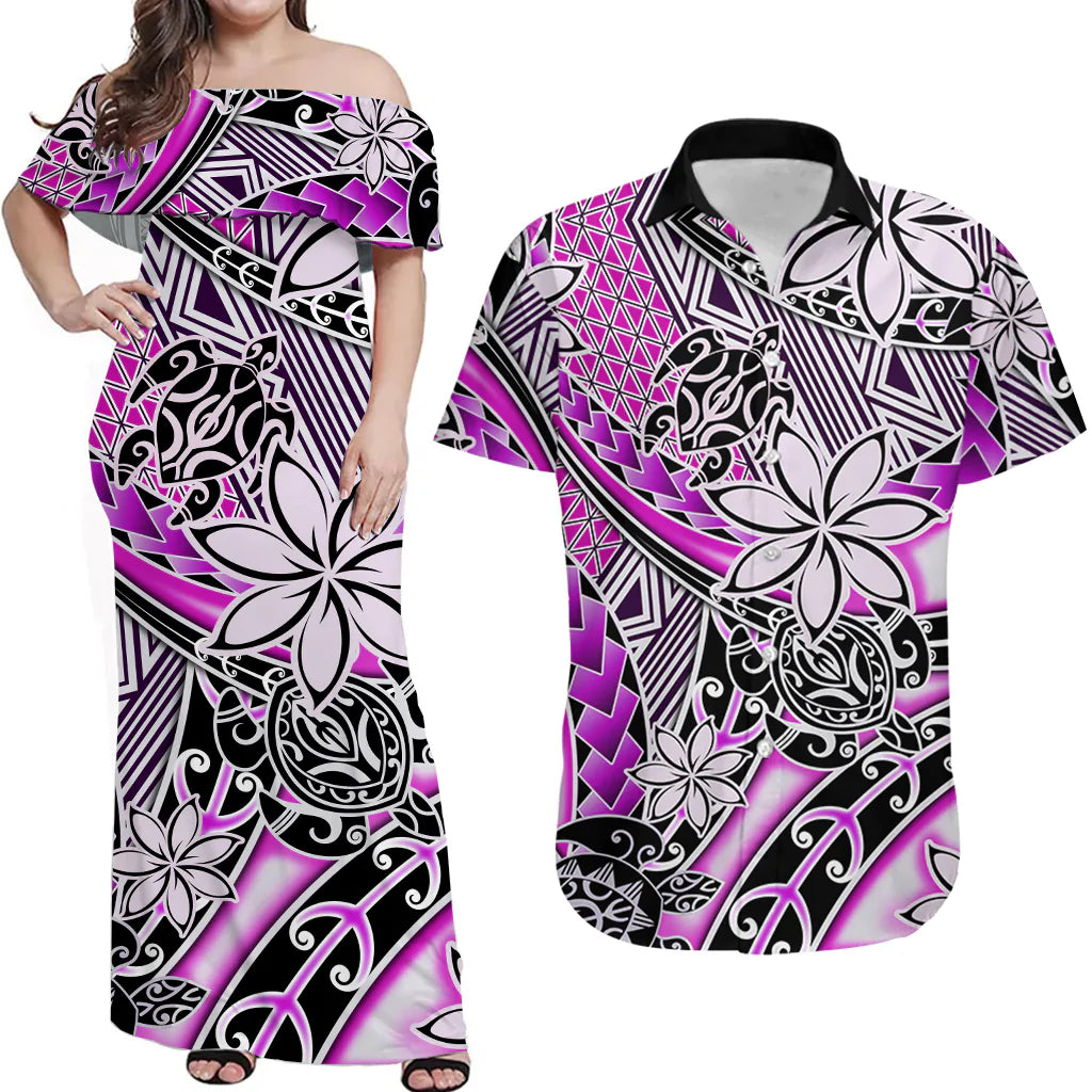 (Custom Personalised) Polynesian Couple Outfits Combo Hawaiian Tribal Dress And Hawaiian Shirt Tribal Plumeria With Polynesian Turtle Ver.02