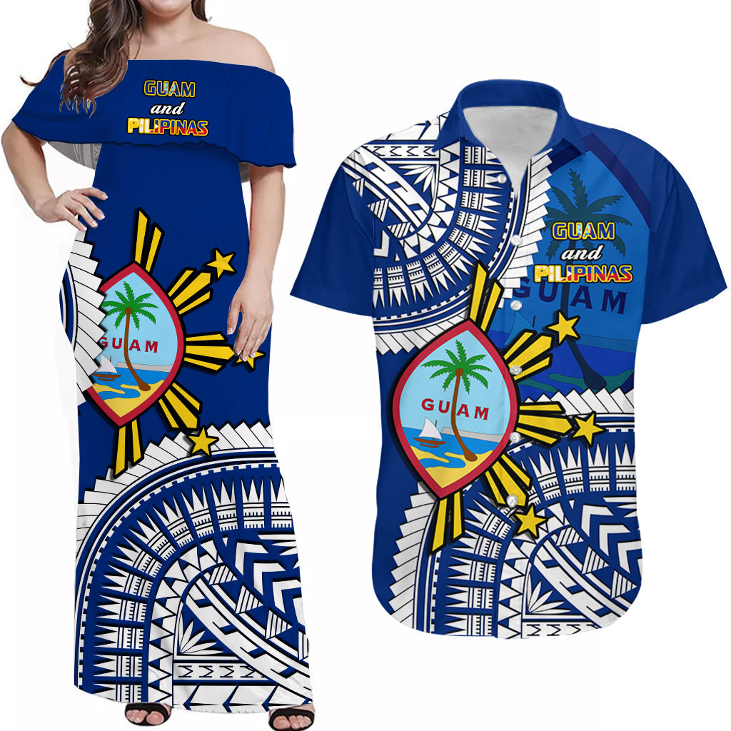 (Custom Personalised) Guam and Philippines Matching Outfit For Couple Combo Dress and Hawaiian Shirt Guaman Filipinas Together Blue