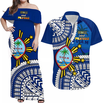 (Custom Personalised) Guam and Philippines Matching Outfit For Couple Combo Dress and Hawaiian Shirt Guaman Filipinas Together Blue