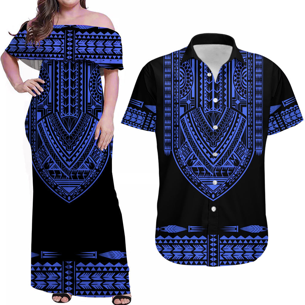 (Custom Personalised) Matching Outfits For Couples Polynesian Combo Dress And Hawaiian Shirt Dashiki With Polynesian Tattoo Royal Blue Version
