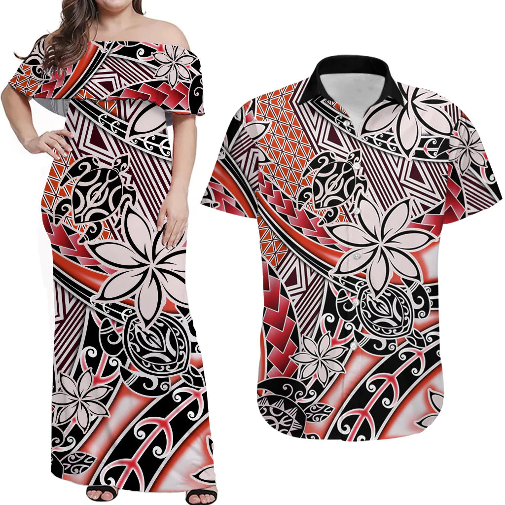 (Custom Personalised) Polynesian Couple Outfits Combo Hawaiian Tribal Dress And Hawaiian Shirt Tribal Plumeria With Polynesian Turtle Ver.03