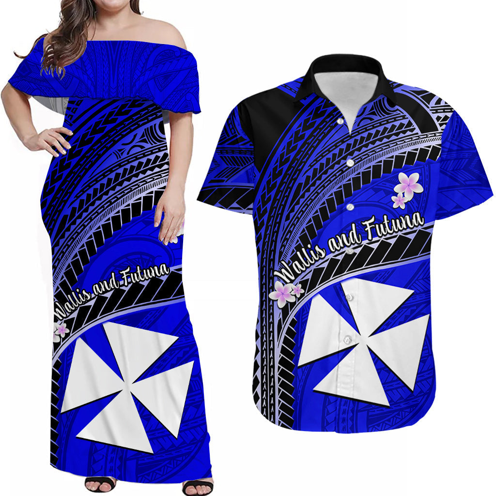 (Custom Personalised) Matching Outfits For Couples Wallis And Futuna Combo Dress And Hawaiian Shirt Plumeria Flowers With Blue Polynesian Pattern