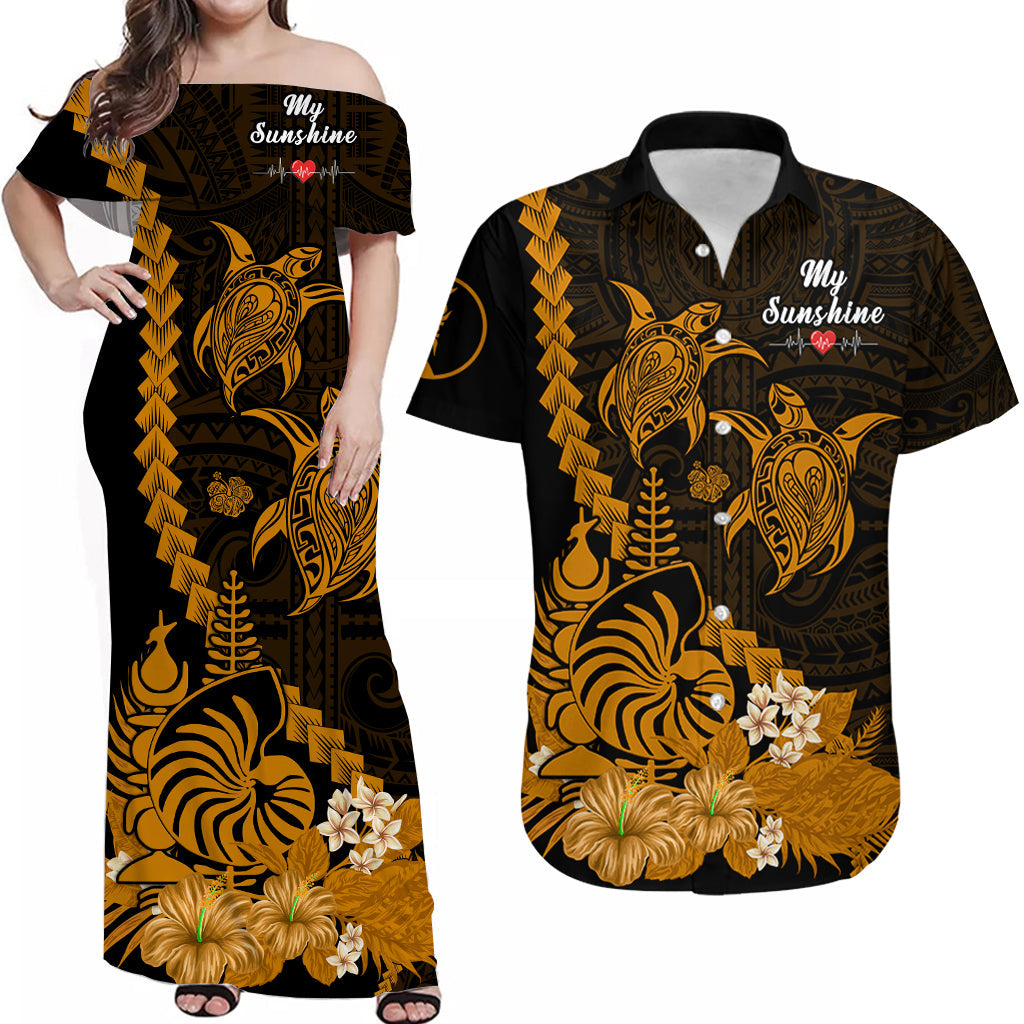 (Custom Personalised) Matching Outfits For Couples New Caledonia Valentine Couple Dress And Hawaiian Shirt My Sunshine Polynesia Turtle Gold