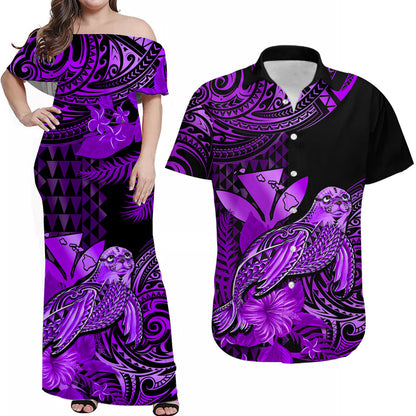 (Custom Personalised) Hawaii Matching Clothes For Couples Monk Seal Combo Dress And Hawaiian Shirt Kakau With Kanaka Purple