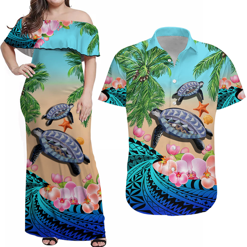 (Custom Personalised) Matching Outfits For Couples Polynesian Tribal Turtle Coconut Tree And Orchids Combo Dress And Hawaiian Shirt