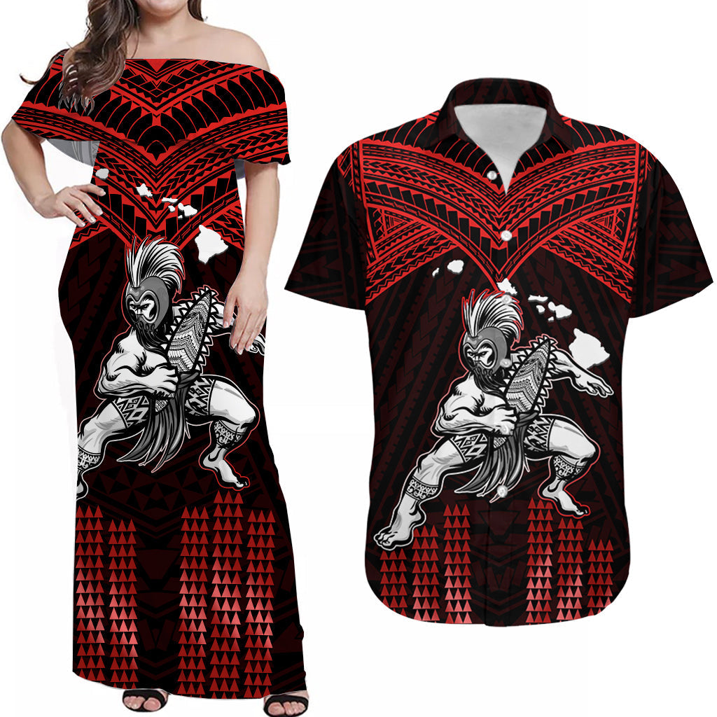 (Custom Personalised) Polynesian Couple Outfits Combo Hawaiian Warrior With Weapon Polynesian Tribal Red Dress And Shirt Ver.05