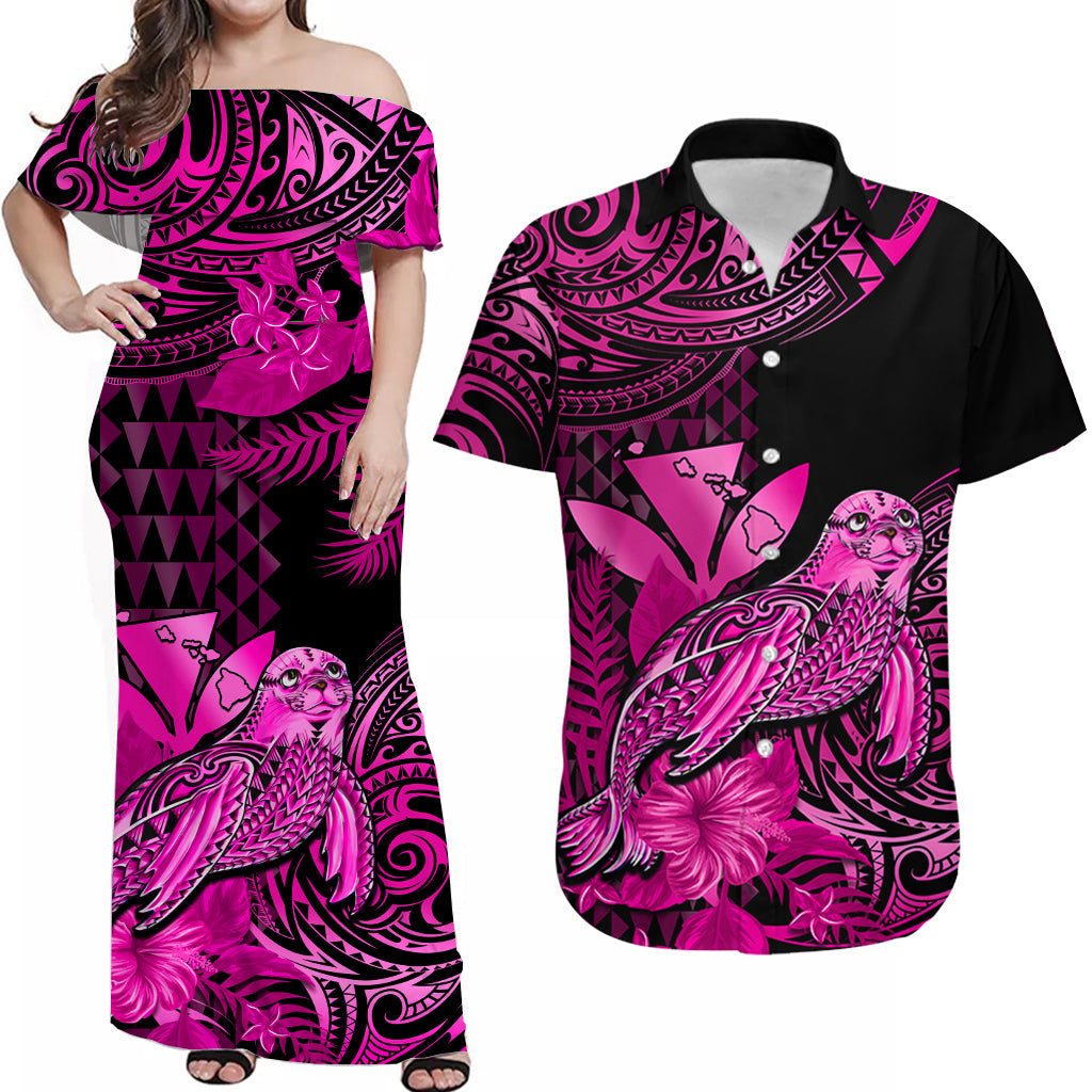 (Custom Personalised) Matching Clothes For Couples Hawaii Monk Seal Combo Dress And Hawaiian Shirt Kakau With Kanaka Pink