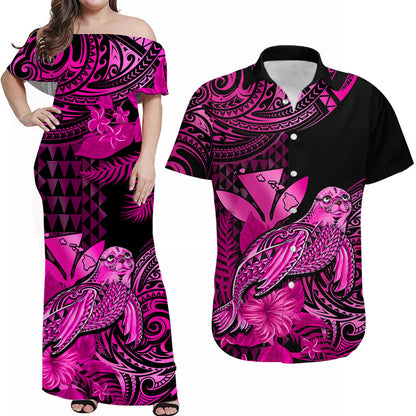 (Custom Personalised) Matching Clothes For Couples Hawaii Monk Seal Combo Dress And Hawaiian Shirt Kakau With Kanaka Pink