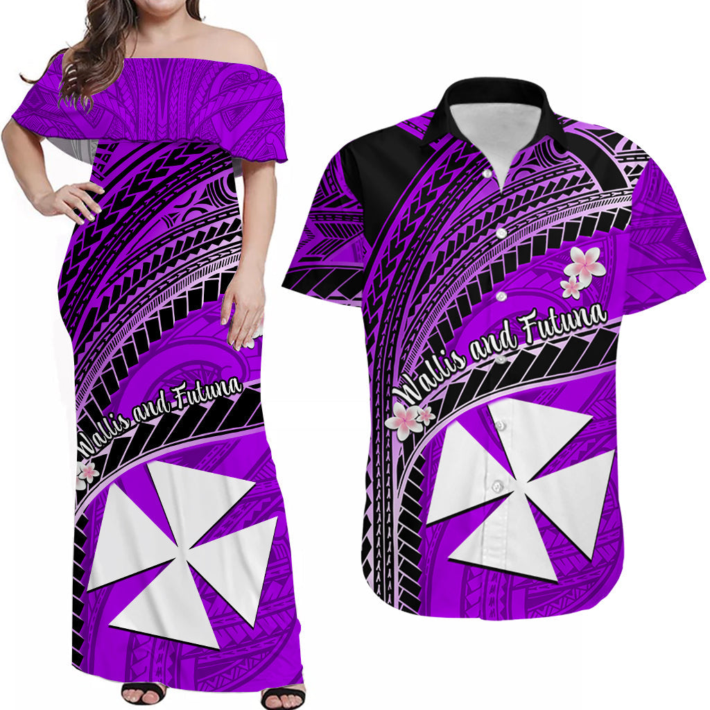 (Custom Personalised) Matching Clothes For Couples Wallis And Futuna Dress And Hawaiian Shirt Plumeria Flowers With Purple Polynesian Pattern