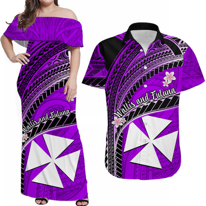 (Custom Personalised) Matching Clothes For Couples Wallis And Futuna Dress And Hawaiian Shirt Plumeria Flowers With Purple Polynesian Pattern