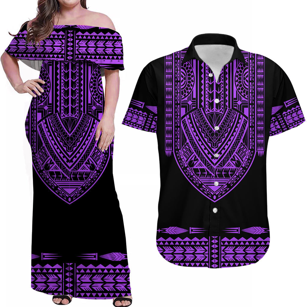 (Custom Personalised) Outfit For Couple Polynesian Tribal Combo Dress And Hawaiian Shirt Dashiki With Polynesian Tattoo Royal Purple Version
