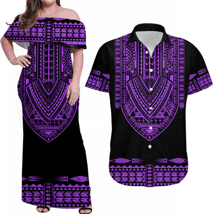(Custom Personalised) Outfit For Couple Polynesian Tribal Combo Dress And Hawaiian Shirt Dashiki With Polynesian Tattoo Royal Purple Version
