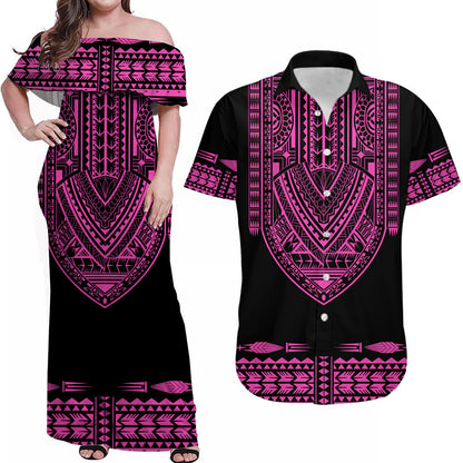 (Custom Personalised) Outfit For Couple Polynesian Tribal Combo Dress And Hawaiian Shirt Dashiki With Polynesian Tattoo Royal Pink Version