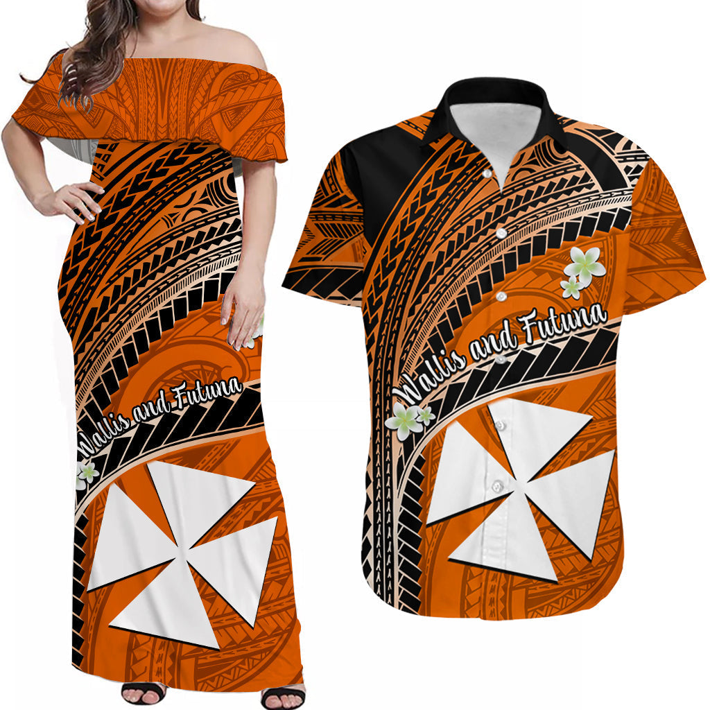 (Custom Personalised) Matching Clothes For Couples Wallis And Futuna Dress And Hawaiian Shirt Plumeria Flowers With Orange Polynesian Pattern