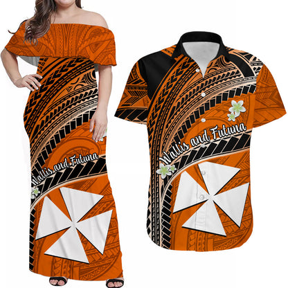 (Custom Personalised) Matching Clothes For Couples Wallis And Futuna Dress And Hawaiian Shirt Plumeria Flowers With Orange Polynesian Pattern