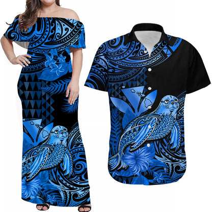 (Custom Personalised) Hawaii Matching Clothes For Couples Monk Seal Combo Dress And Hawaiian Shirt Kakau With Kanaka Blue