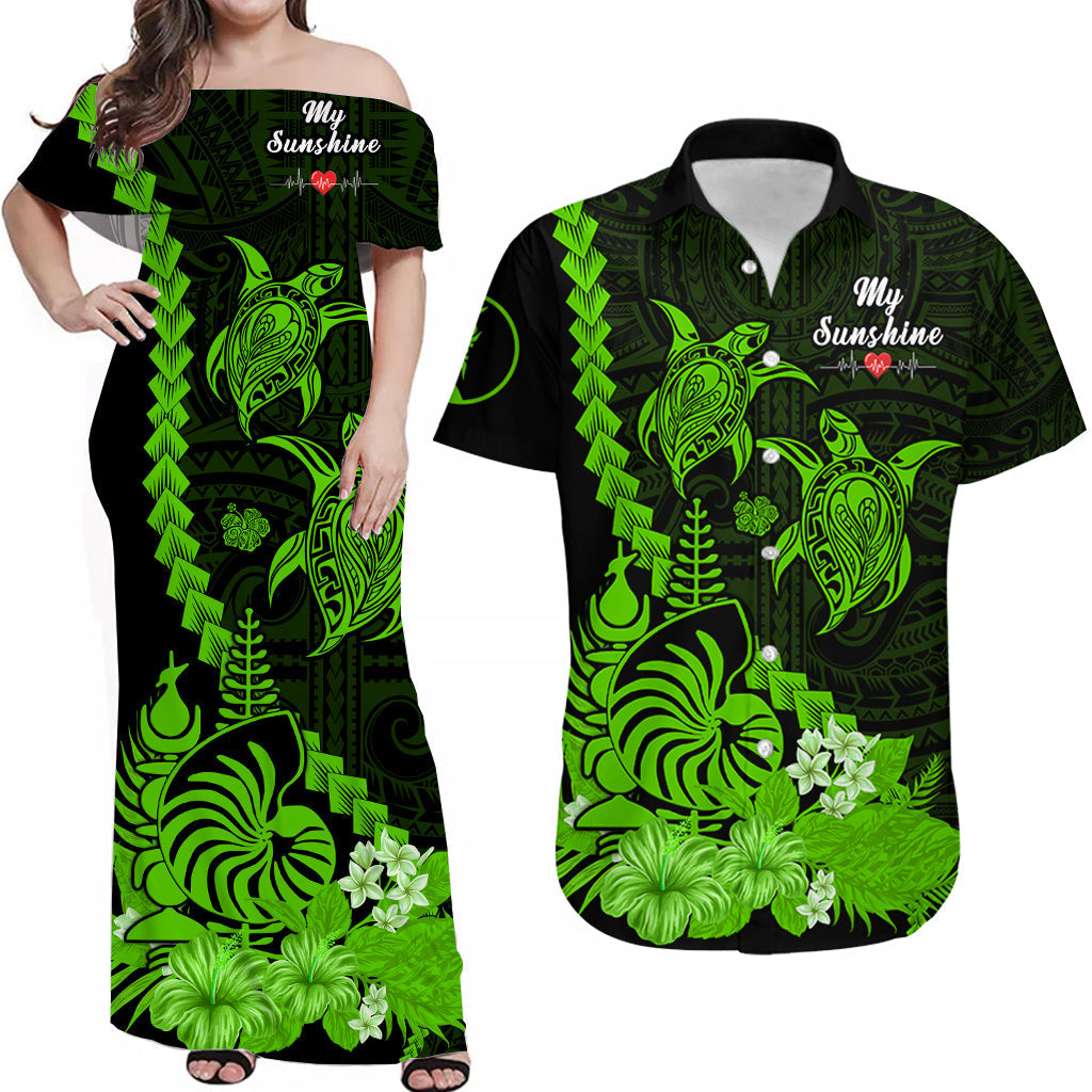 (Custom Personalised) Matching Outfits For Couples New Caledonia Valentine Couple Dress And Hawaiian Shirt My Sunshine Polynesia Turtle Green