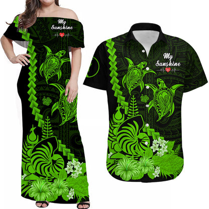 (Custom Personalised) Matching Outfits For Couples New Caledonia Valentine Couple Dress And Hawaiian Shirt My Sunshine Polynesia Turtle Green