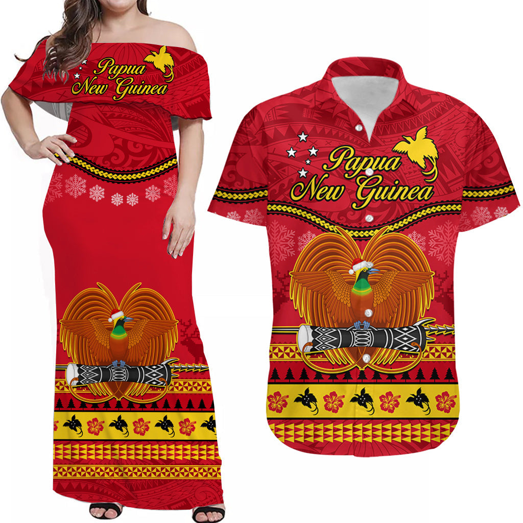 Matching Outfits For Couples Papua New Guinea Christmas Combo Dress And Hawaiian Shirt Bird Of Paradise Bikpela Hamamas Blong Dispela Krismas