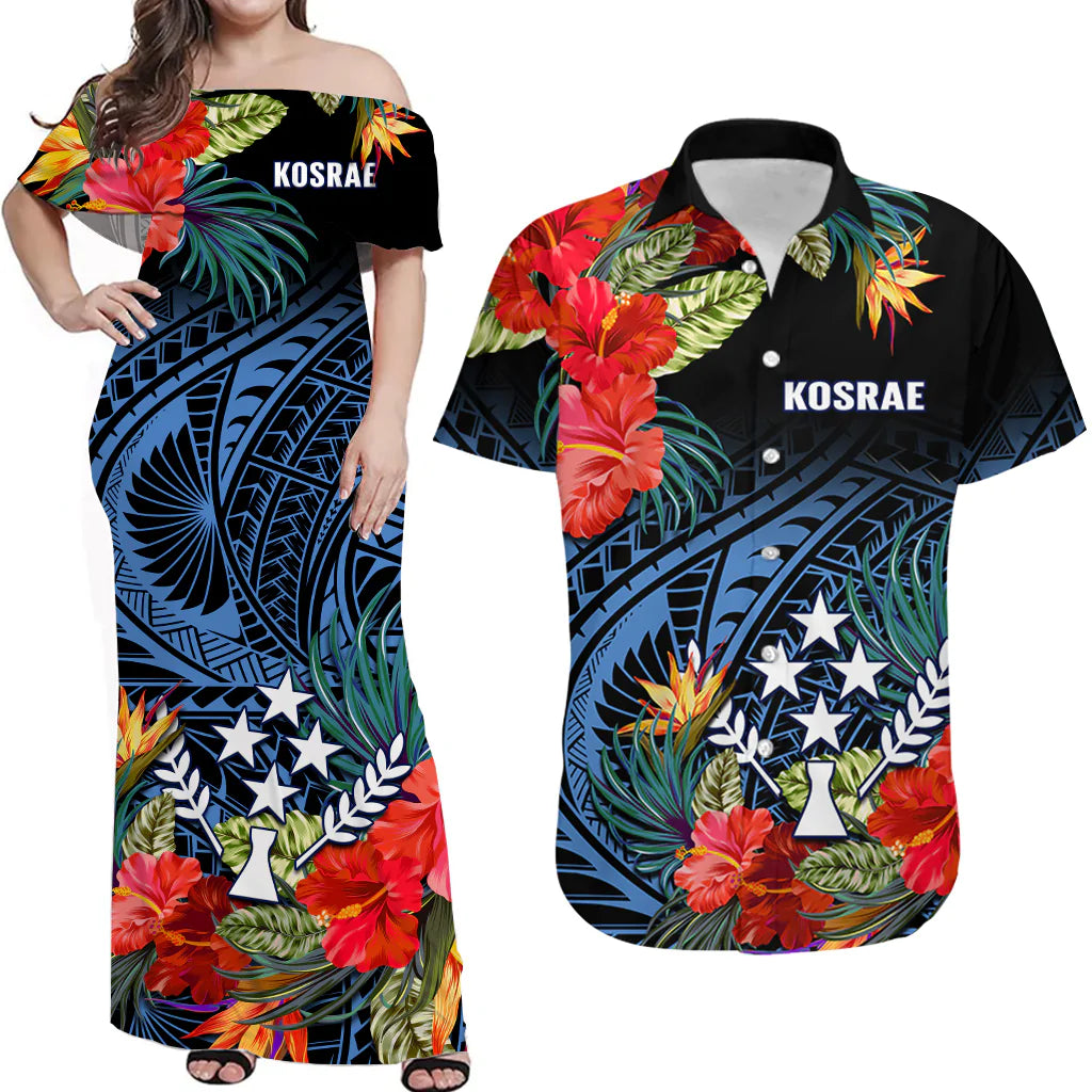 (Custom Personalised) Polynesian Couple Outfits Kosrae State Combo Dress And Hawaiian Shirt FSM Hibiscus Flowers Mix Polynesian