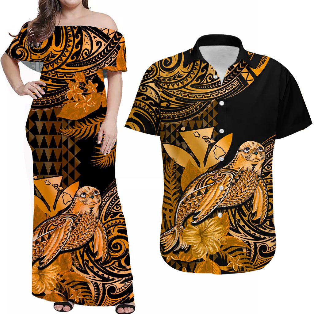 (Custom Personalised) Hawaii Matching Clothes For Couples Monk Seal Combo Dress And Hawaiian Shirt Kakau With Kanaka Gold