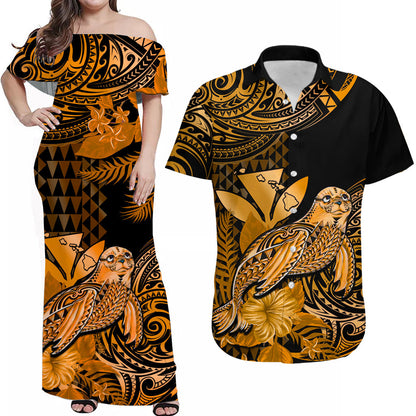 (Custom Personalised) Hawaii Matching Clothes For Couples Monk Seal Combo Dress And Hawaiian Shirt Kakau With Kanaka Gold