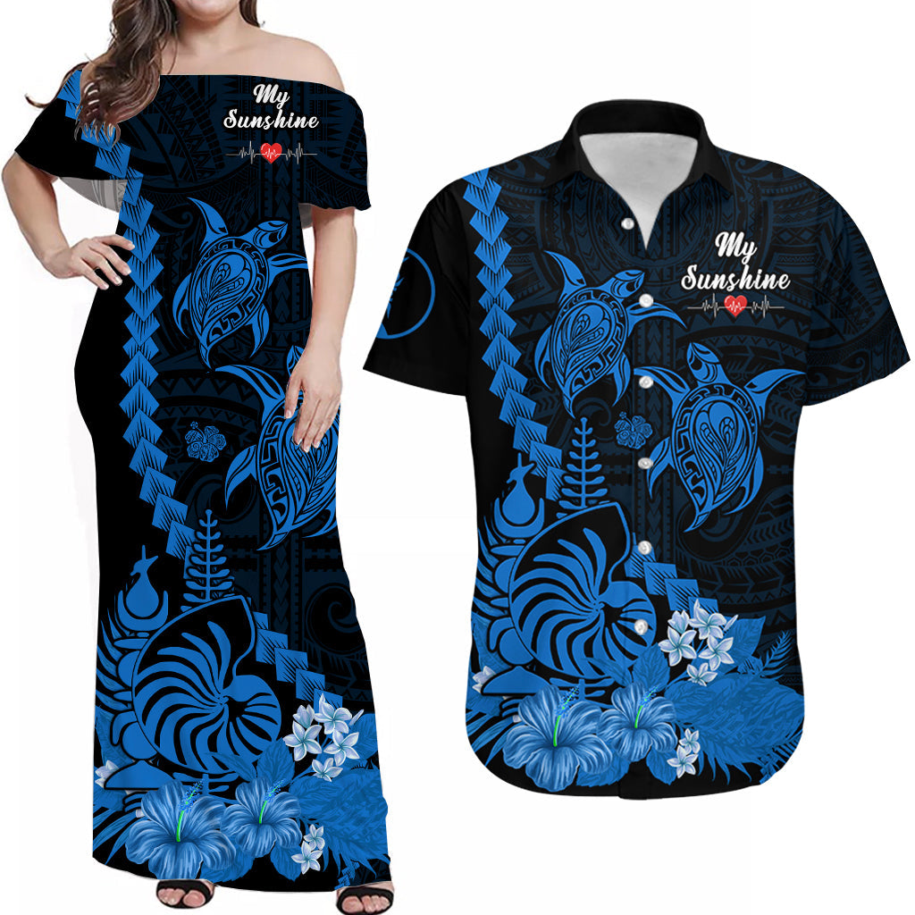 (Custom Personalised) Matching Outfits For Couples New Caledonia Valentine Couple Dress And Hawaiian Shirt My Sunshine Polynesia Turtle Blue