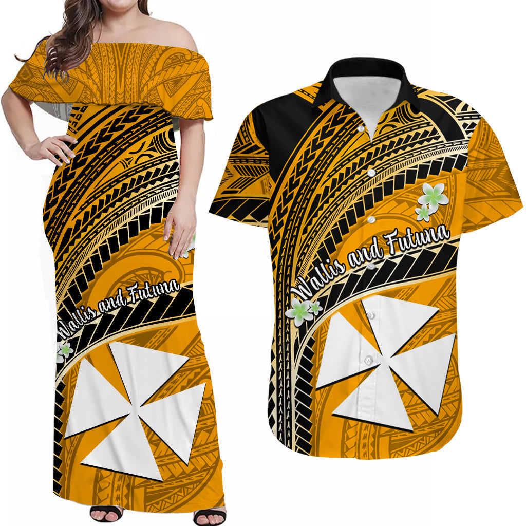 (Custom Personalised) Matching Outfits For Couples Wallis And Futuna Combo Dress And Hawaiian Shirt Plumeria Flowers With Gold Polynesian Pattern