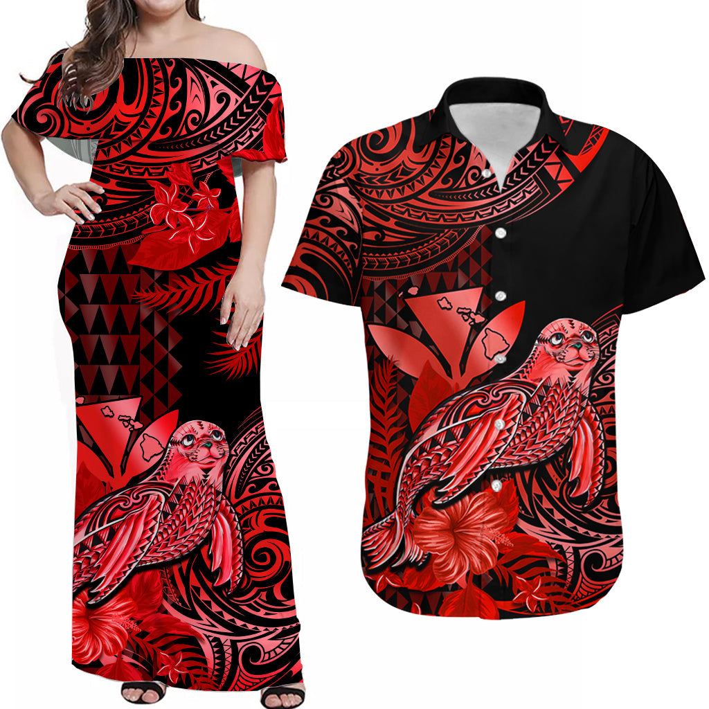 (Custom Personalised) Hawaii Matching Clothes For Couples Monk Seal Combo Dress And Hawaiian Shirt Kakau With Kanaka Red