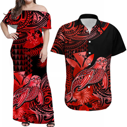 (Custom Personalised) Hawaii Matching Clothes For Couples Monk Seal Combo Dress And Hawaiian Shirt Kakau With Kanaka Red