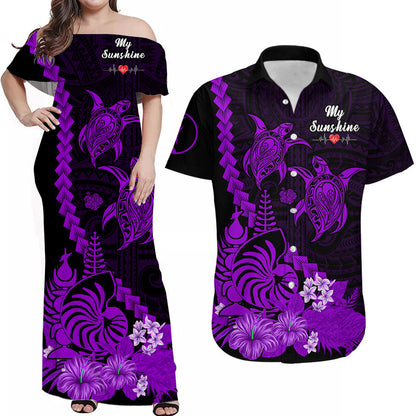 (Custom Personalised) Matching Outfits For Couples New Caledonia Valentine Couple Dress And Hawaiian Shirt My Sunshine Polynesia Turtle Purple