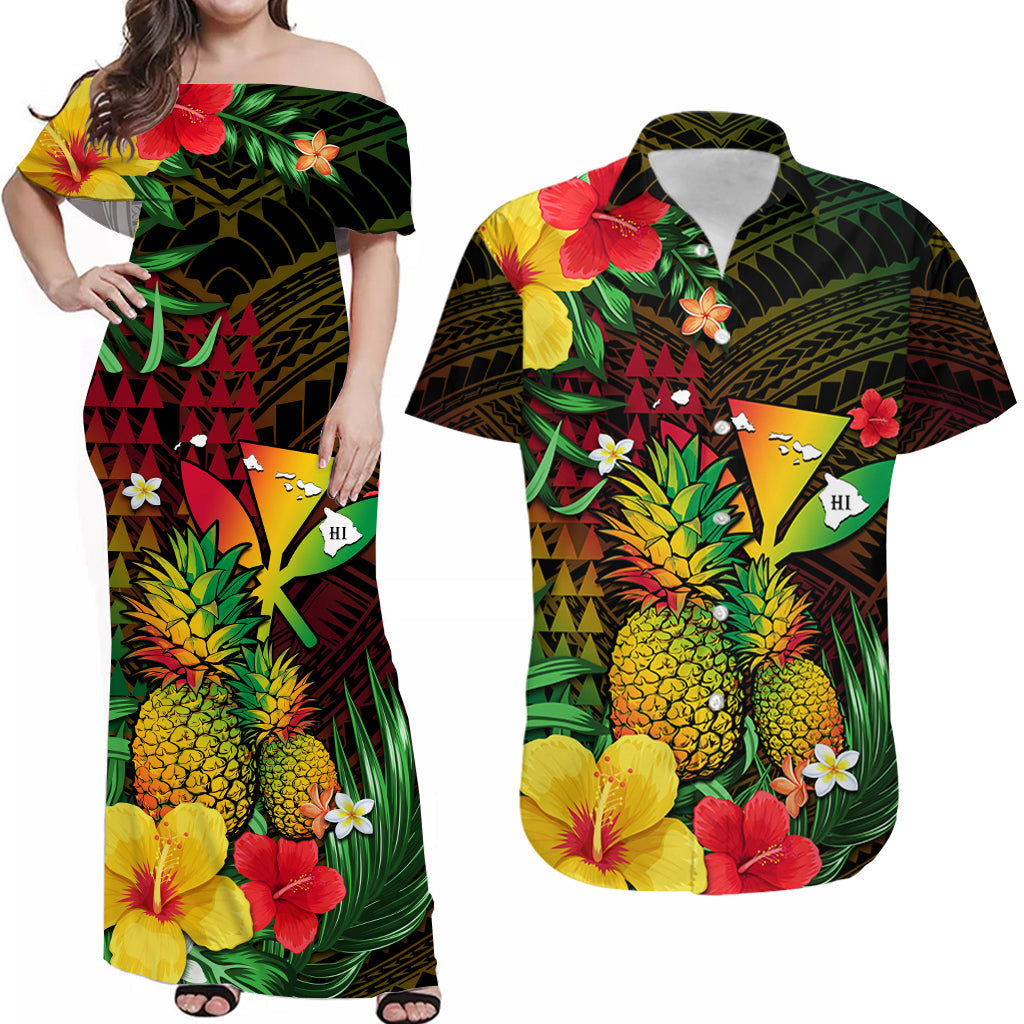 (Custom Personalised) Hawaii Matching Outfit For Couple Combo Dress And Hawaiian Shirt Pineapple Mix Kakau Reggae Kanaka
