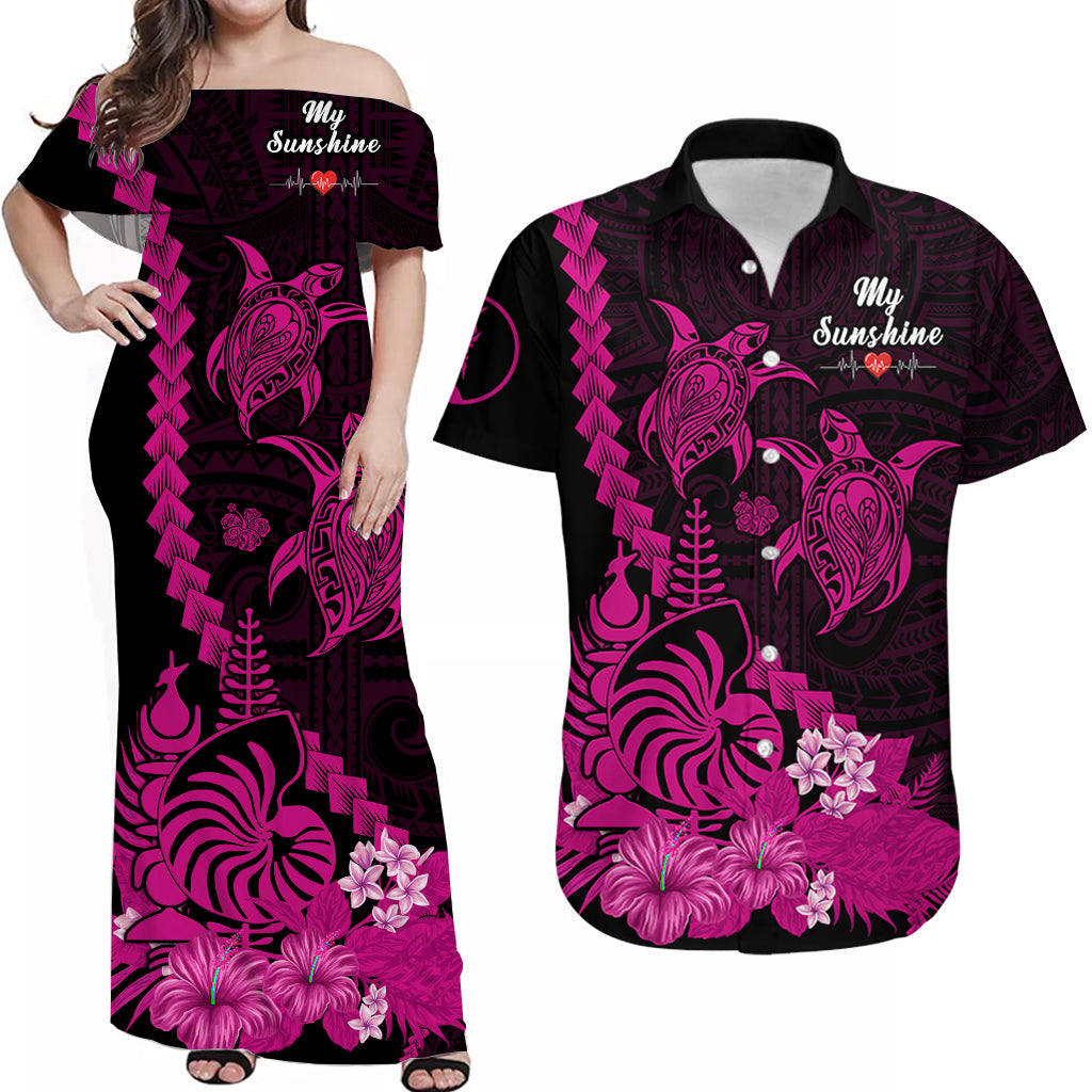 (Custom Personalised) Matching Outfits For Couples New Caledonia Valentine Couple Dress And Hawaiian Shirt My Sunshine Polynesia Turtle Pink