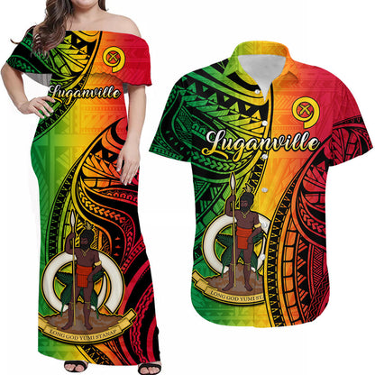 Matching Outfits For Couples Vanuatu Combo Dress And Vanuatuan Shirt Luganville Polynesian Reggae Coat Of Arms
