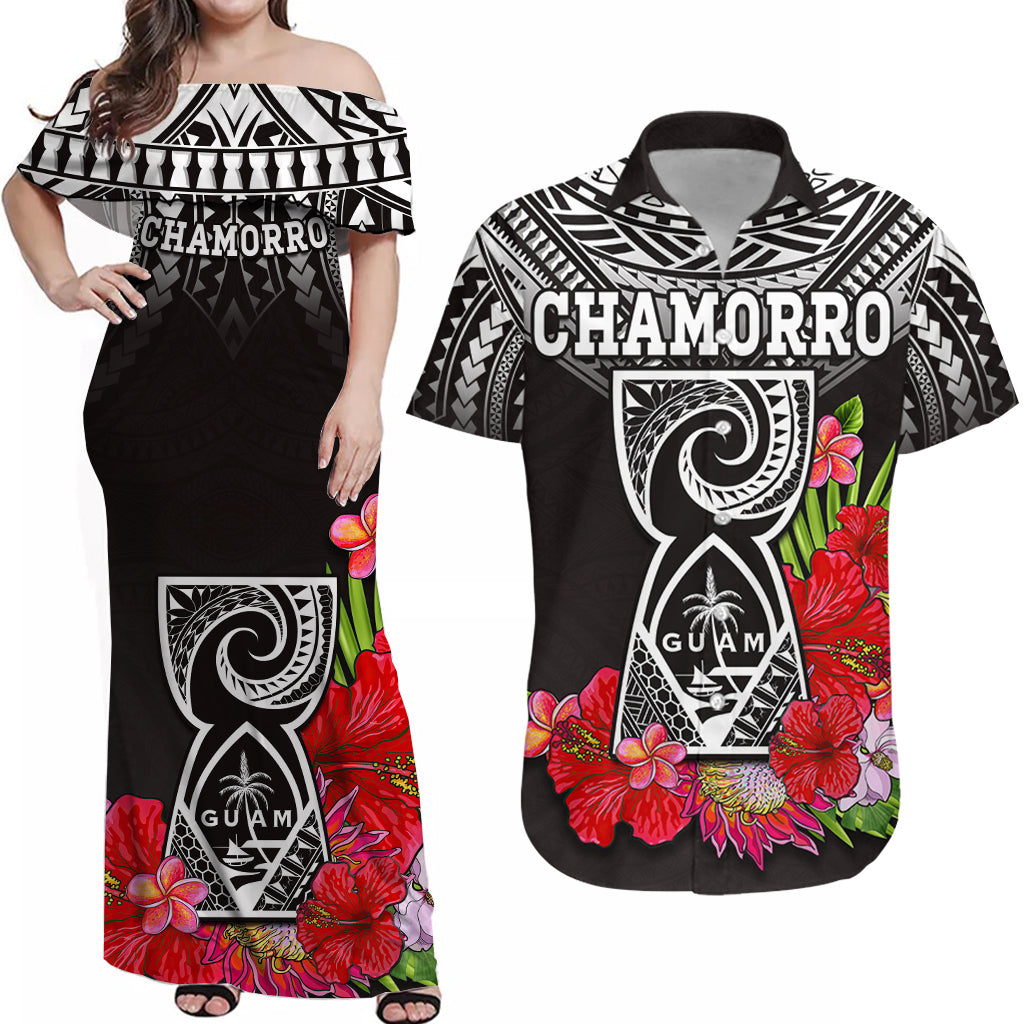 (Custom Personalised) Guam Chamorro Matching Outfit For Couple Combo Dress And Shirt Guaman Latte Stone Tropical Flowers Black Version