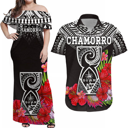 (Custom Personalised) Guam Chamorro Matching Outfit For Couple Combo Dress And Shirt Guaman Latte Stone Tropical Flowers Black Version