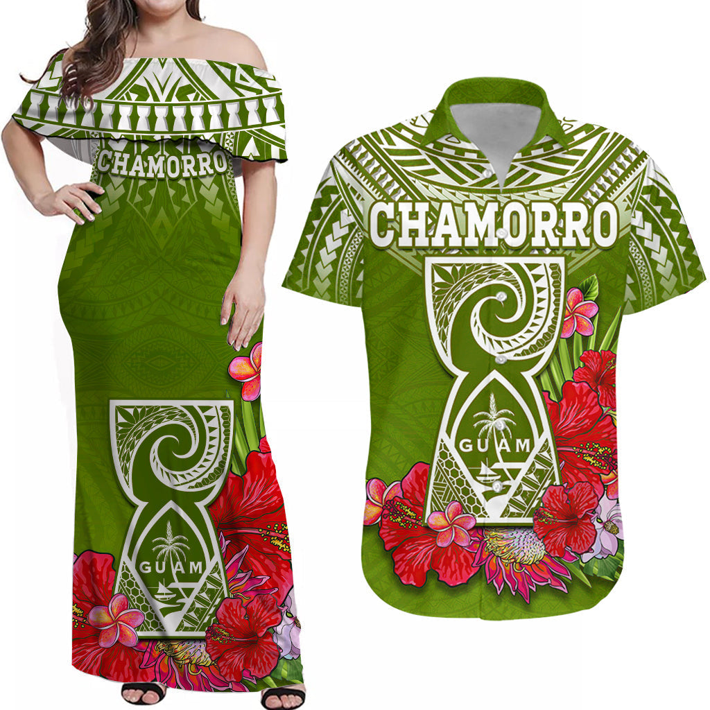 (Custom Personalised) Guam Chamorro Matching Outfit For Couple Combo Dress And Shirt Guaman Latte Stone Tropical Flowers Green Version