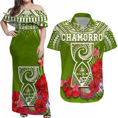 (Custom Personalised) Guam Chamorro Matching Outfit For Couple Combo Dress And Shirt Guaman Latte Stone Tropical Flowers Green Version