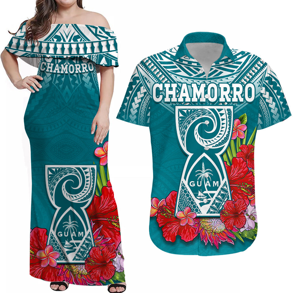 (Custom Personalised) Guam Chamorro Matching Outfit For Couple Combo Dress And Shirt Guaman Latte Stone Tropical Flowers Turquoise Version