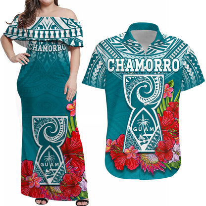 (Custom Personalised) Guam Chamorro Matching Outfit For Couple Combo Dress And Shirt Guaman Latte Stone Tropical Flowers Turquoise Version